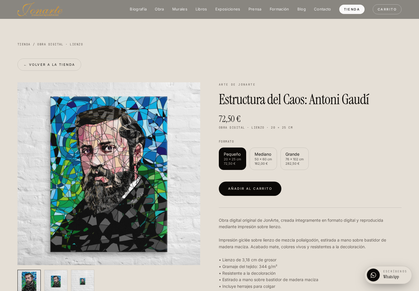 Ficha de producto de la tienda online de Jonarte con formatos y precios