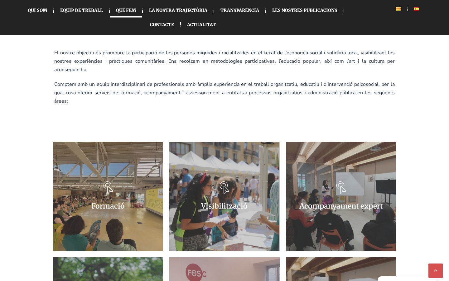 Sección Què fem de la web de Migress con las áreas de trabajo en tarjetas