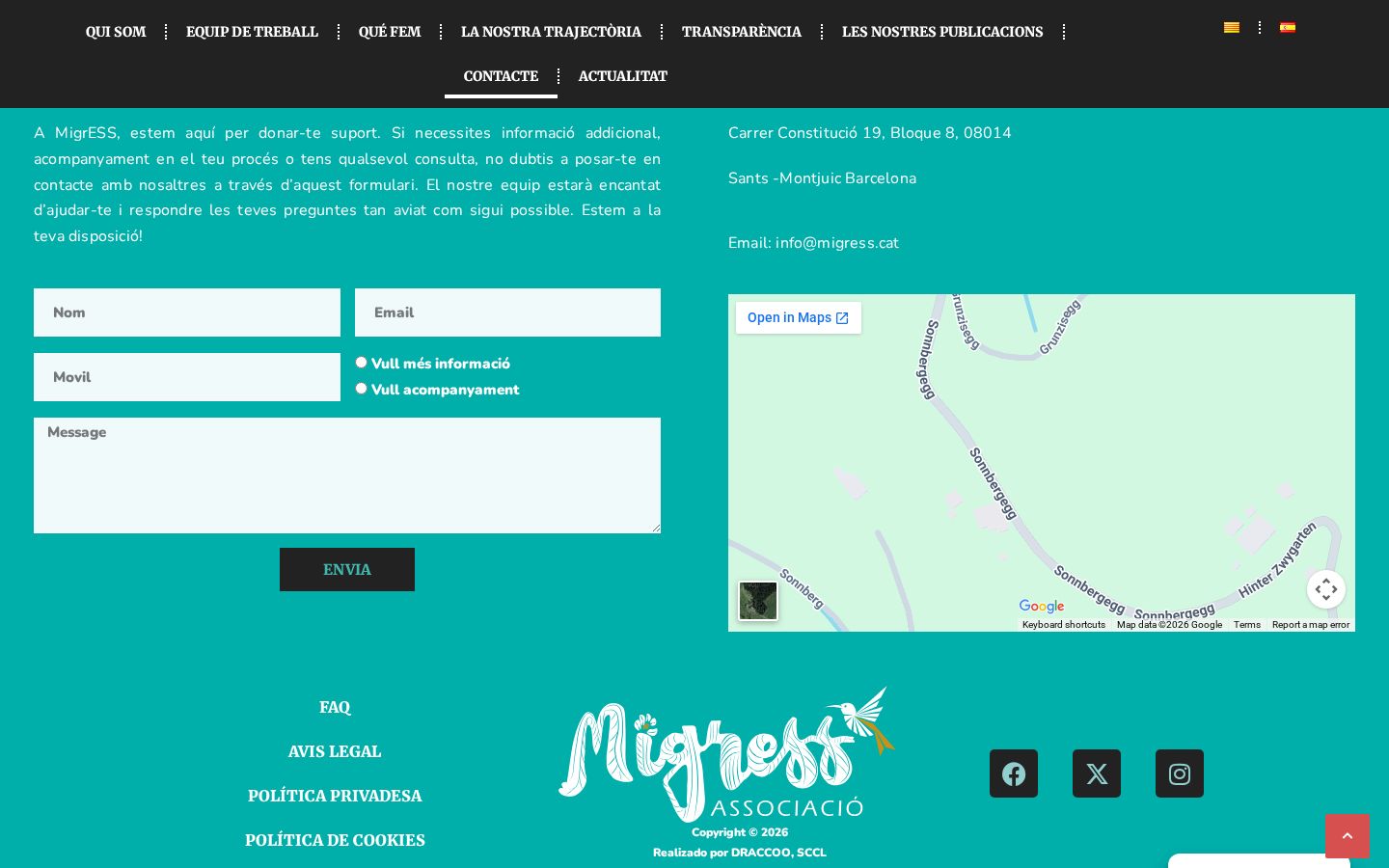 Página de contacto de Migress con formulario, dirección y mapa