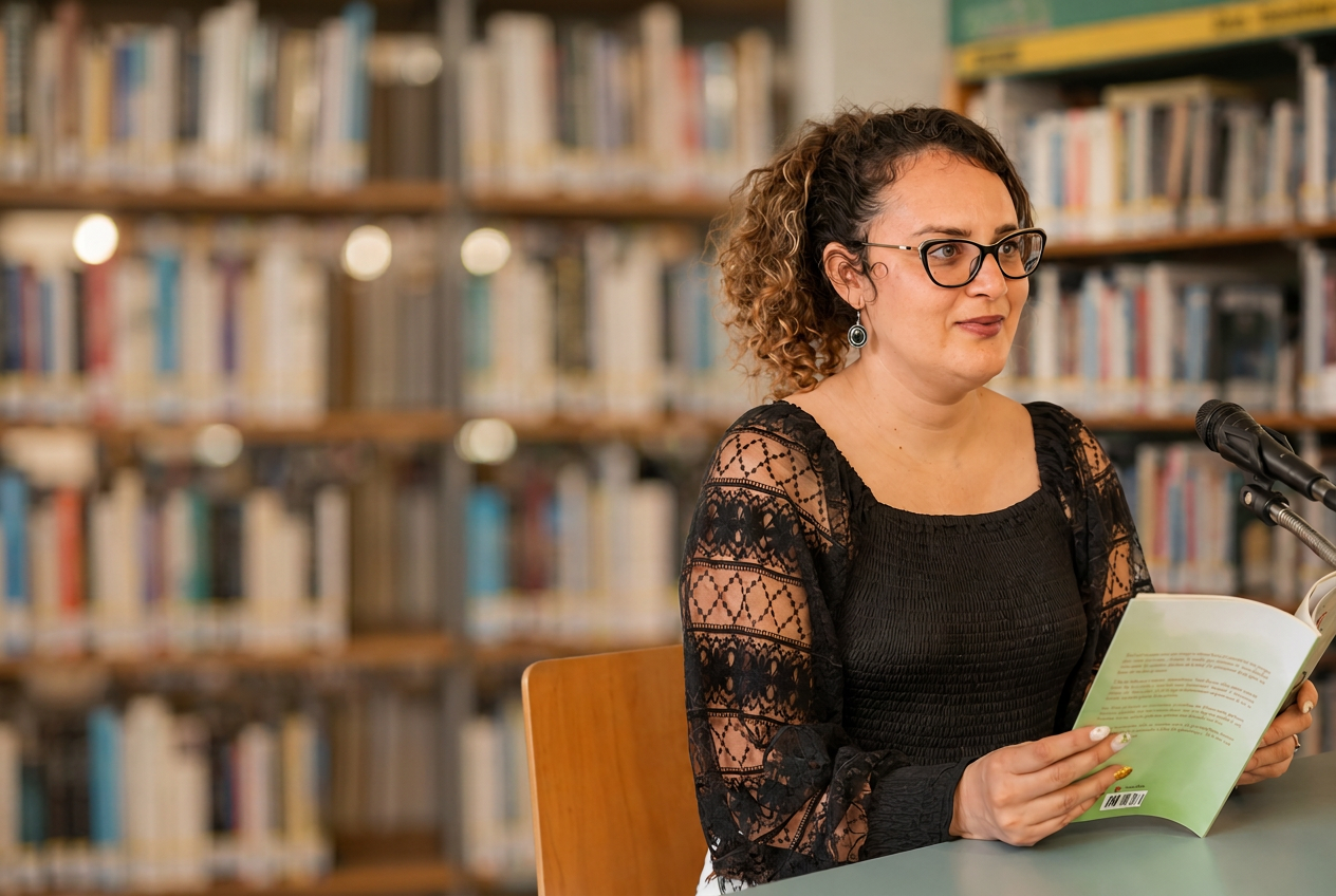 Yadi leyendo el libro en una biblioteca con fondo borroso