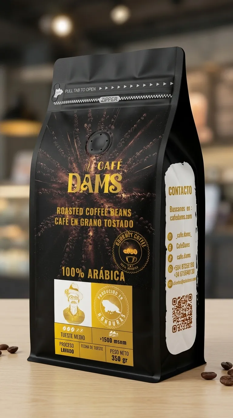 Bolsa negra Dams Café grano tostado, vista frontal con sello del abuelo