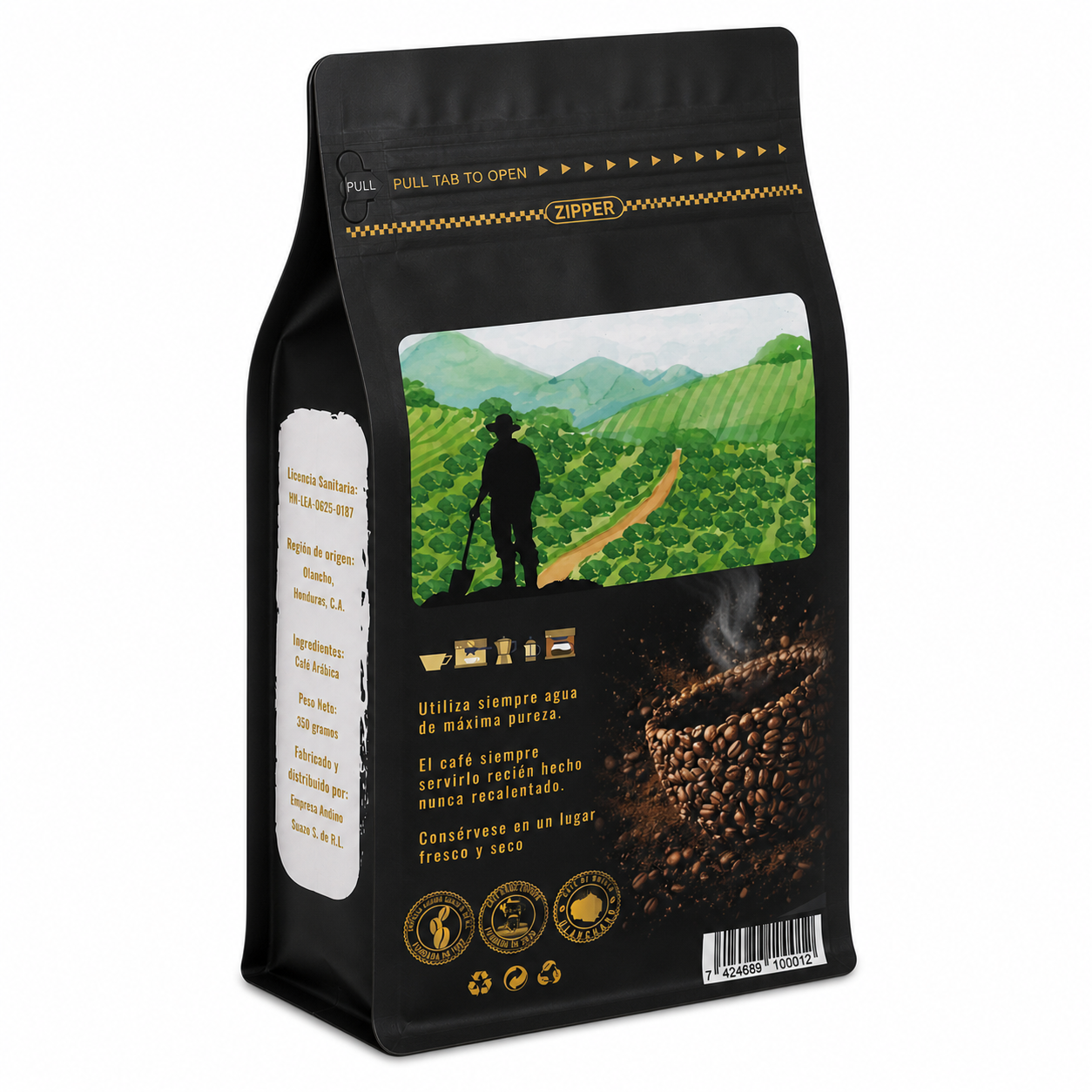 Bolsa negra Dams Café vista trasera con ilustración acuarela de la finca en Olancho
