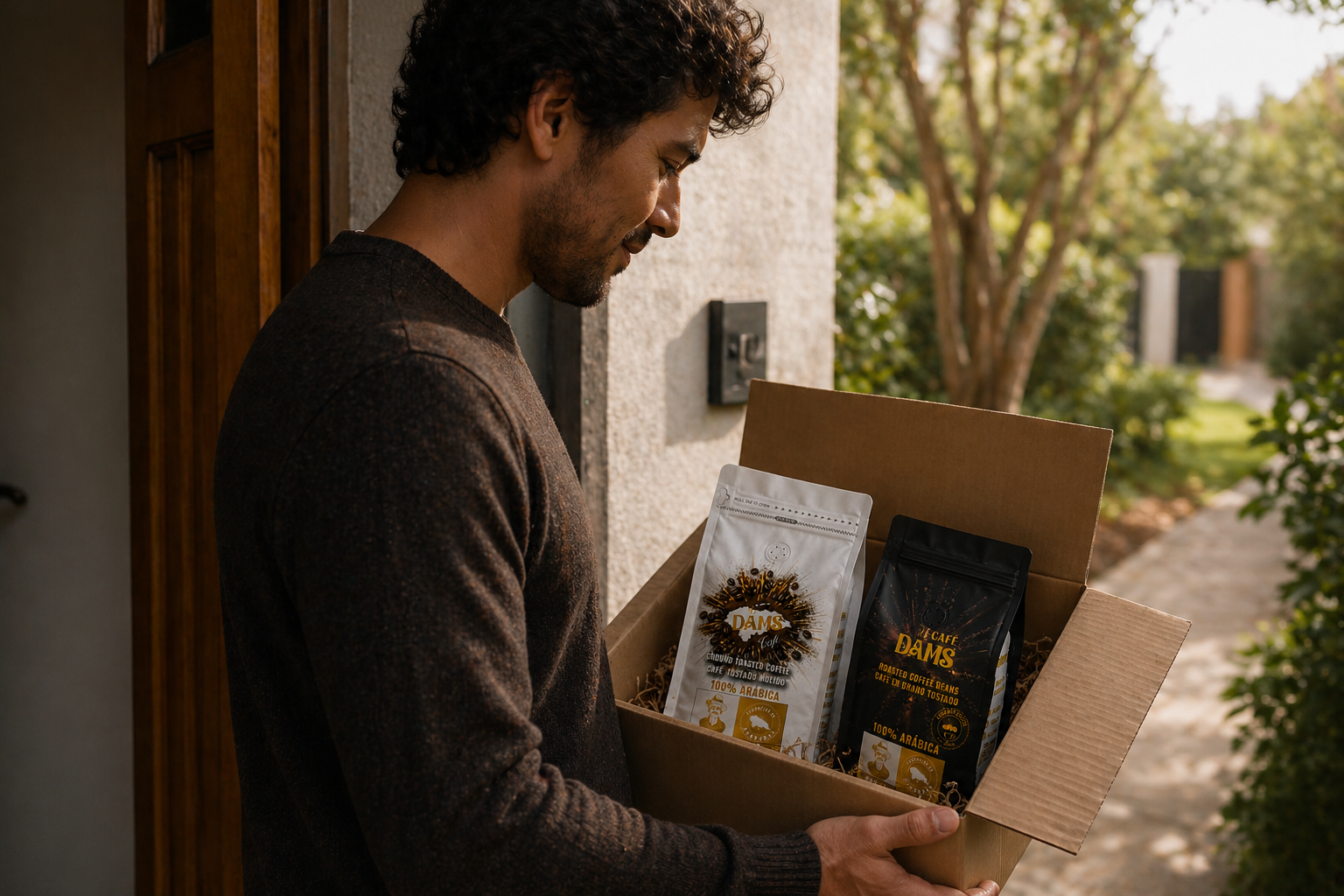 Caja de envío Dams Café con bolsa negra y blanca