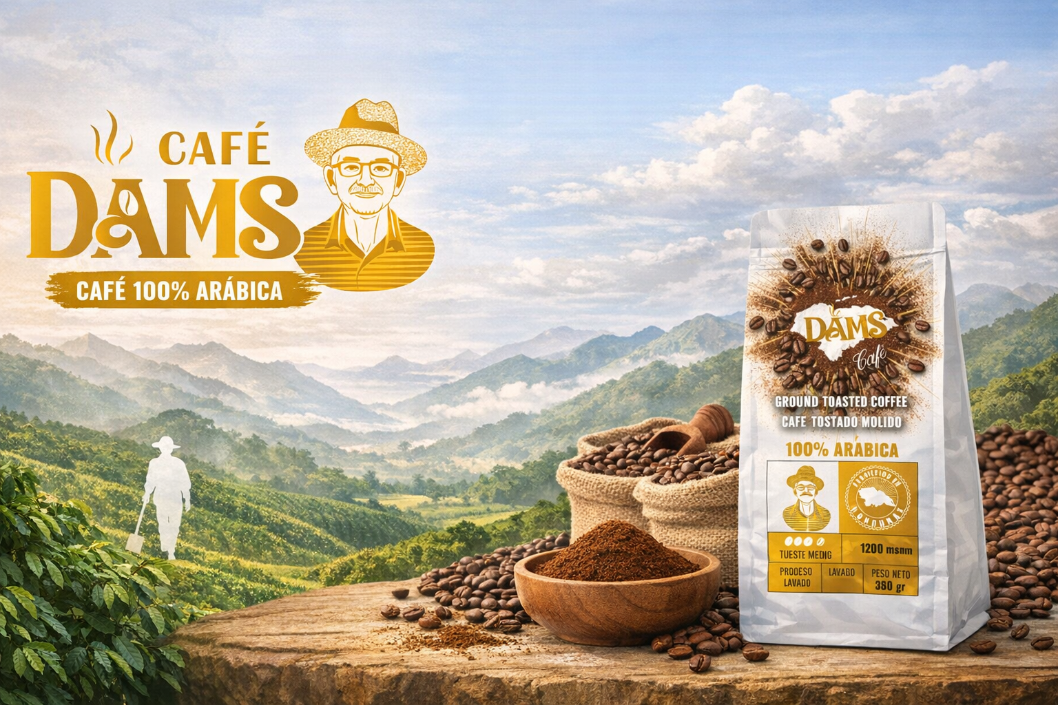 Sistema visual Dams Café con logotipo y retrato del abuelo sobre paisaje de Olancho
