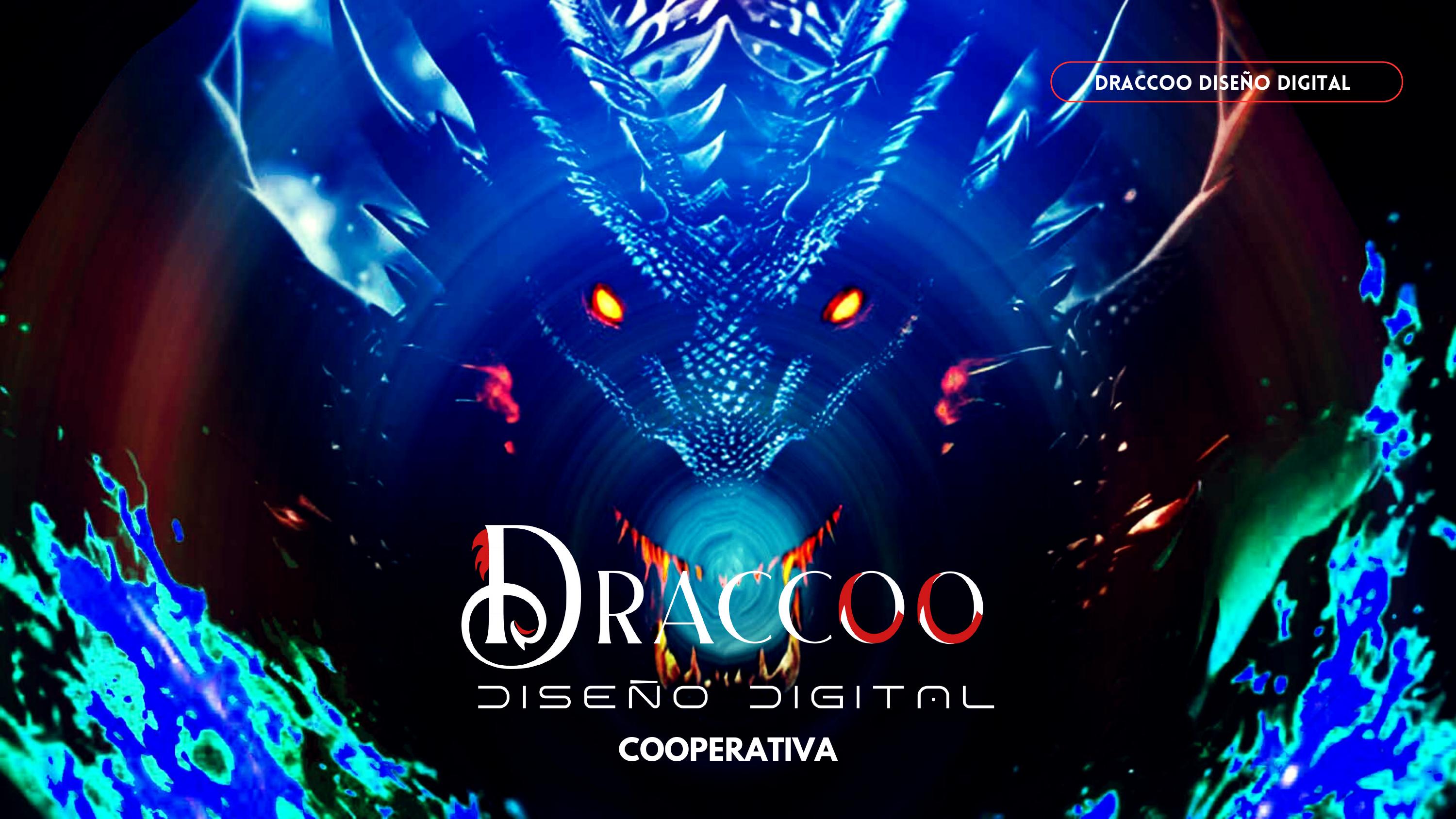 Logotipo Draccoo con tipografía que incorpora la cola y anatomía del dragón sobre rostro de dragón